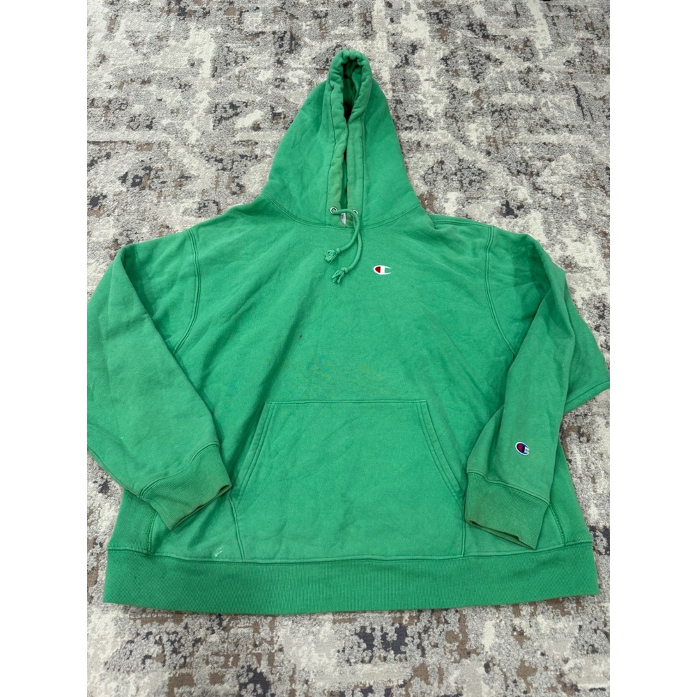 Champion Reverse Weave Hoodie Mens 2X Green Pullover Sweatshirt Logo Distressed